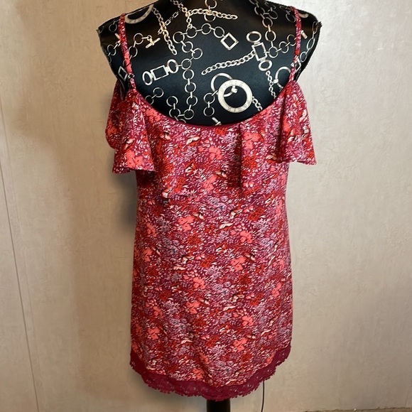 B Darlin Floral Cold Shoulder Dress Ruffle‎ Trim Casual Summer Pink Red Size - Picture 4 of 6